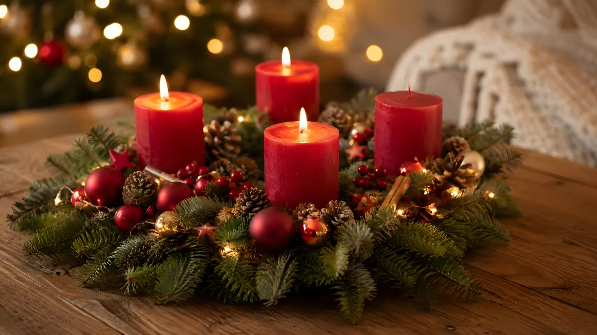 Adventskranz mit vier roten Kerzen auf Holztisch