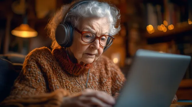 Ältere Dame beim Online-Shopping mit Kopfhörern