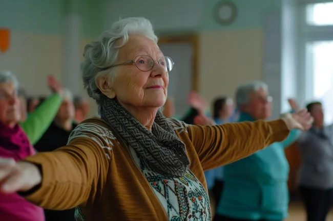 Ältere Dame beim Yoga in der Seniorengruppe