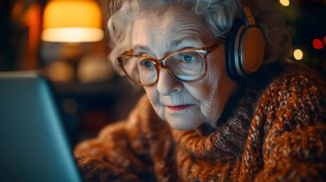 Ältere Dame mit Kopfhörern an Laptop in gemütlicher Atmosphäre