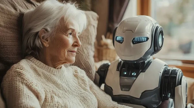 Ältere Dame trifft freundlichen Roboterhelfer am Fenster