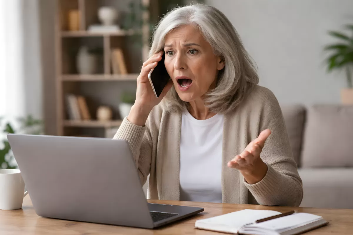Ältere Frau am Telefon: Geschockter Gesichtsausdruck