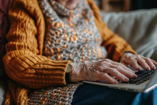 Ältere Frau arbeitet am Laptop