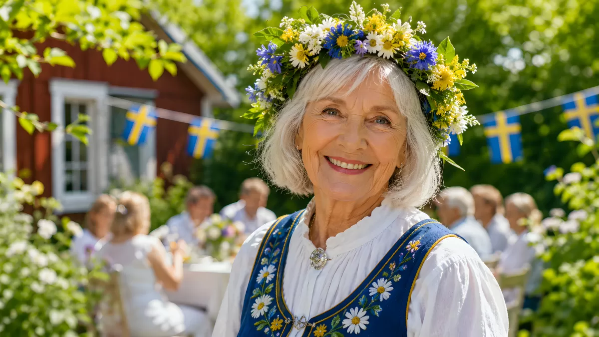 Ältere Frau in schwedischer Tracht beim Midsommar