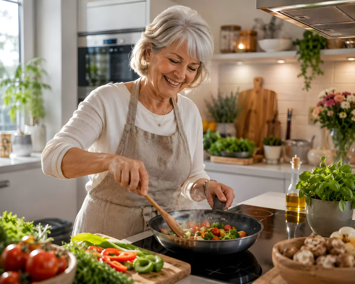 Ältere Frau kocht frisches Gemüse in heller Küche