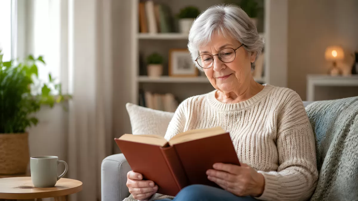 Ältere Frau liest entspannt ein Buch im Wohnzimmer
