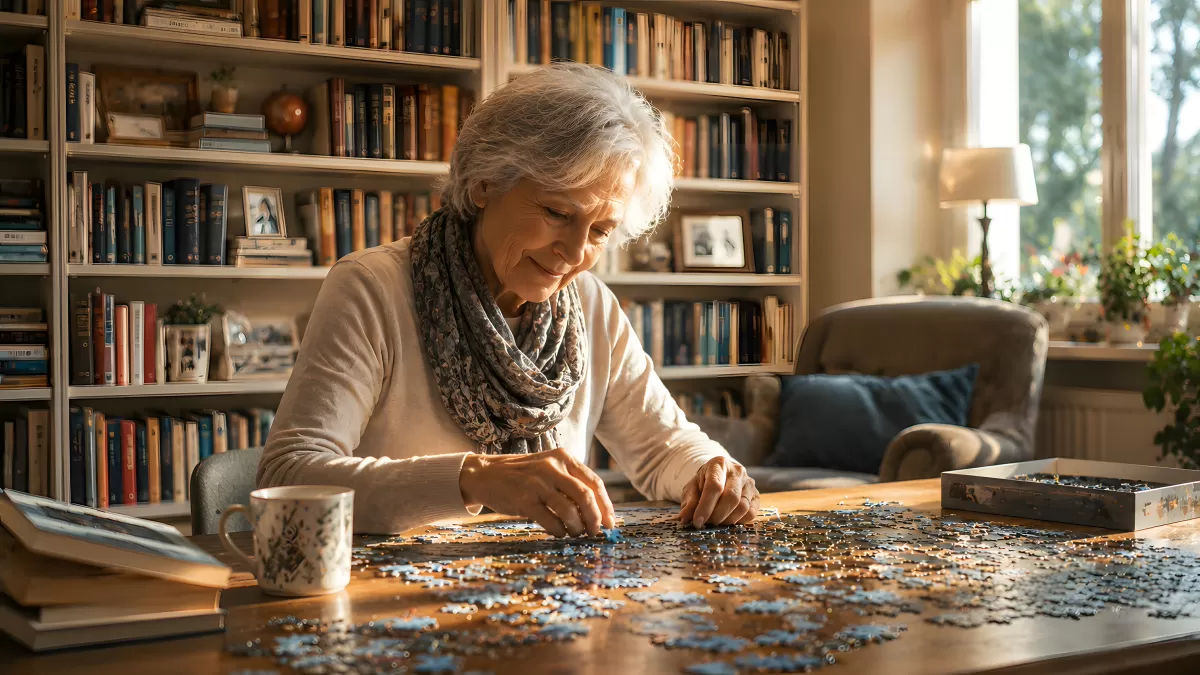 Ältere Frau löst Puzzle am Tisch im Wohnzimmer