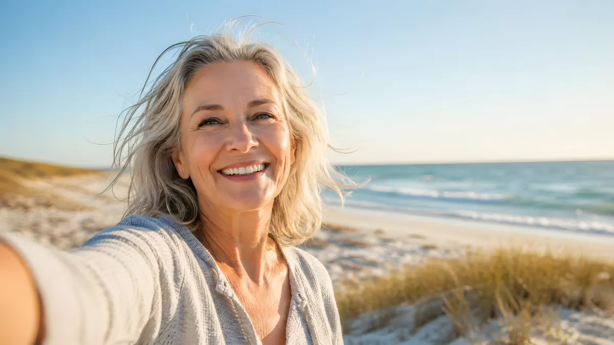 Ältere Frau macht Selfie am Strand im Sonnenlicht