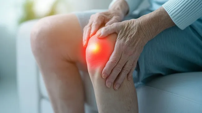 Ältere Frau mit Knieschmerzen hält schmerzende Stelle