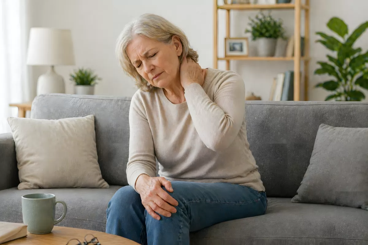 Ältere Frau mit Nackenschmerzen sitzt auf dem Sofa