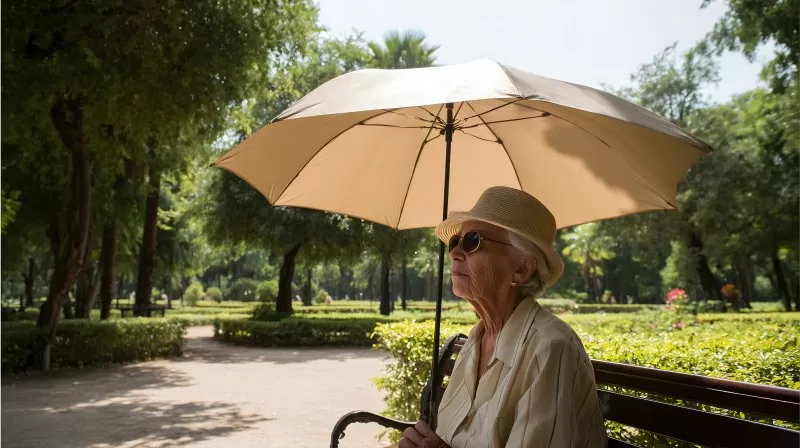 Ältere Frau mit Sonnenhut unter Sonnenschirm im Park