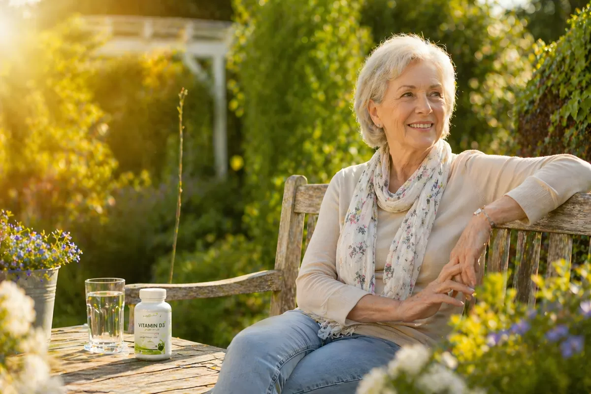 Ältere Frau mit Vitamin D3 im sonnigen Garten