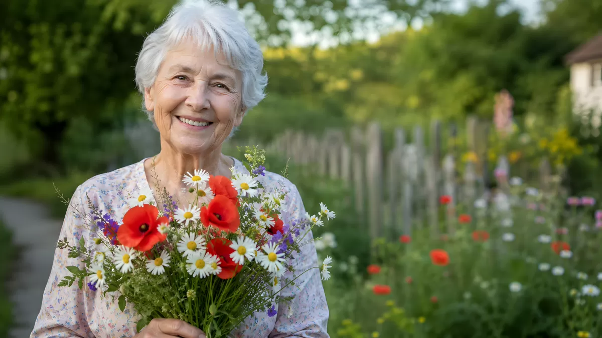 Ältere Frau mit Wildblumenstrauß im Sommergarten