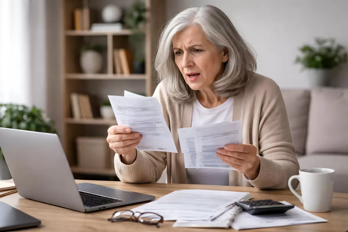 Ältere Frau prüft Unterlagen sorgenvoll am Laptop
