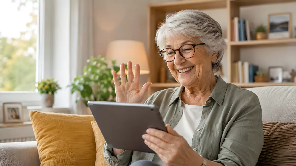 Ältere Frau winkt fröhlich beim Videoanruf per Tablet