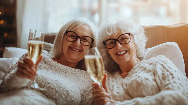 Ältere Frauen stoßen auf Ereignis in heimischer Umgebung an