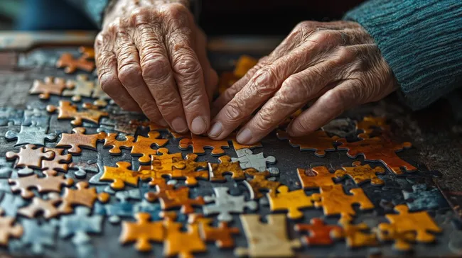 Ältere Hände beim Puzzlelösen in natürlicher Umgebung