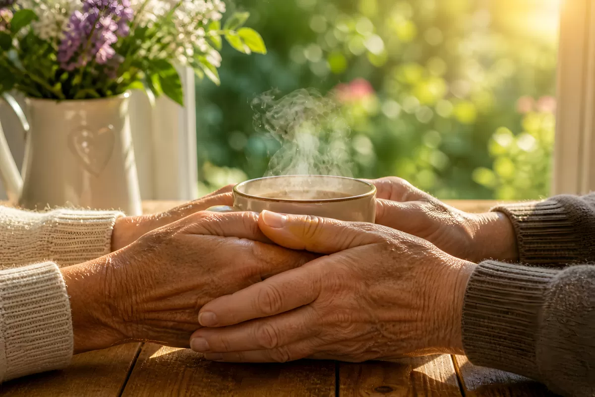 Ältere Hände umfassen dampfende Tasse am Holztisch