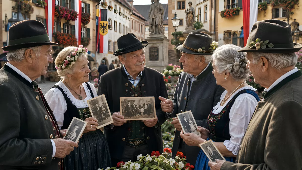 Ältere Menschen in Tracht teilen alte Familienfotos