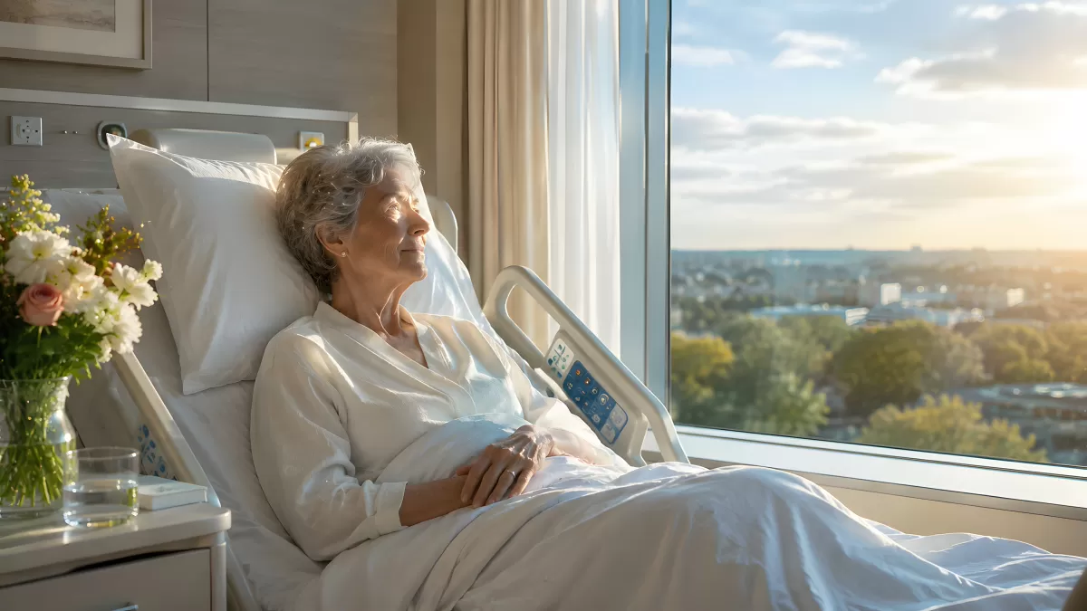 Ältere Patientin im Krankenhausbett blickt aus dem Fenster