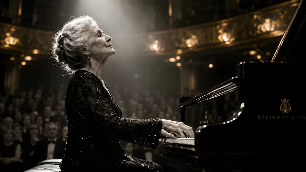 Ältere Pianistin spielt Steinway-Flügel auf großer Bühne