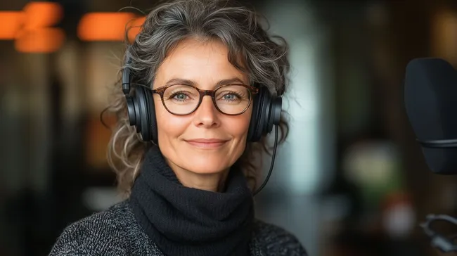 Ältere Podcasterin mit Kopfhörern in Aufnahme-Studio