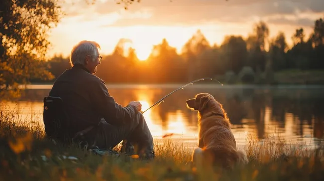 Älterer Angler fischt bei Sonnenuntergang mit Hund am See