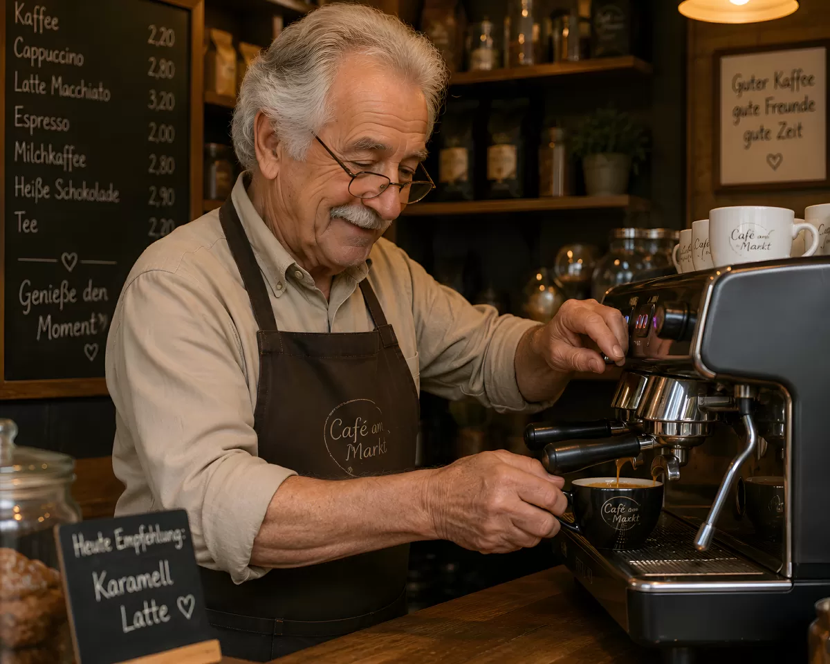 Älterer Barista bereitet Espresso in gemütlichem Café zu