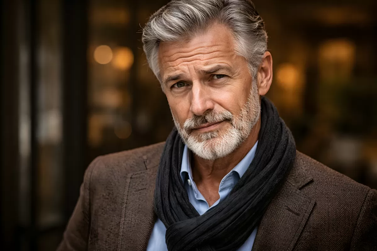 Älterer Herr mit Silberhaar und Schal im Herbstlook