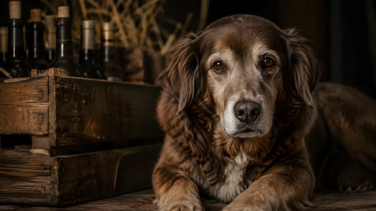 Älterer Hund liegt vor rustikaler Weinkiste