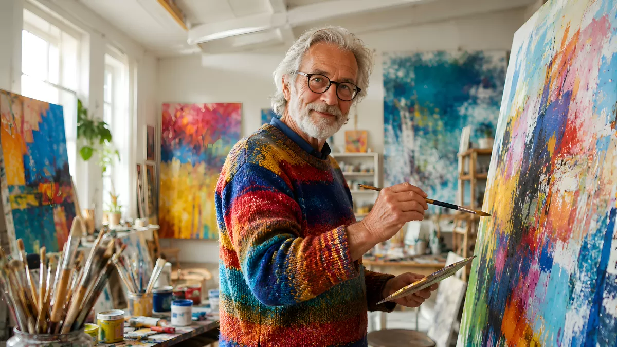Älterer Künstler malt bunte Abstraktion im Atelier