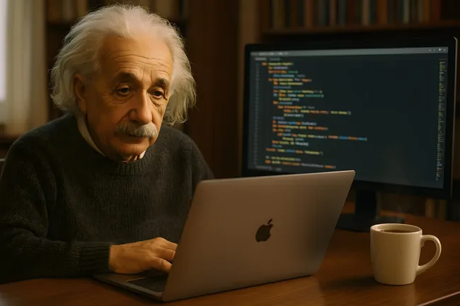 Älterer Mann arbeitet am Apple-Laptop mit Programmiercode