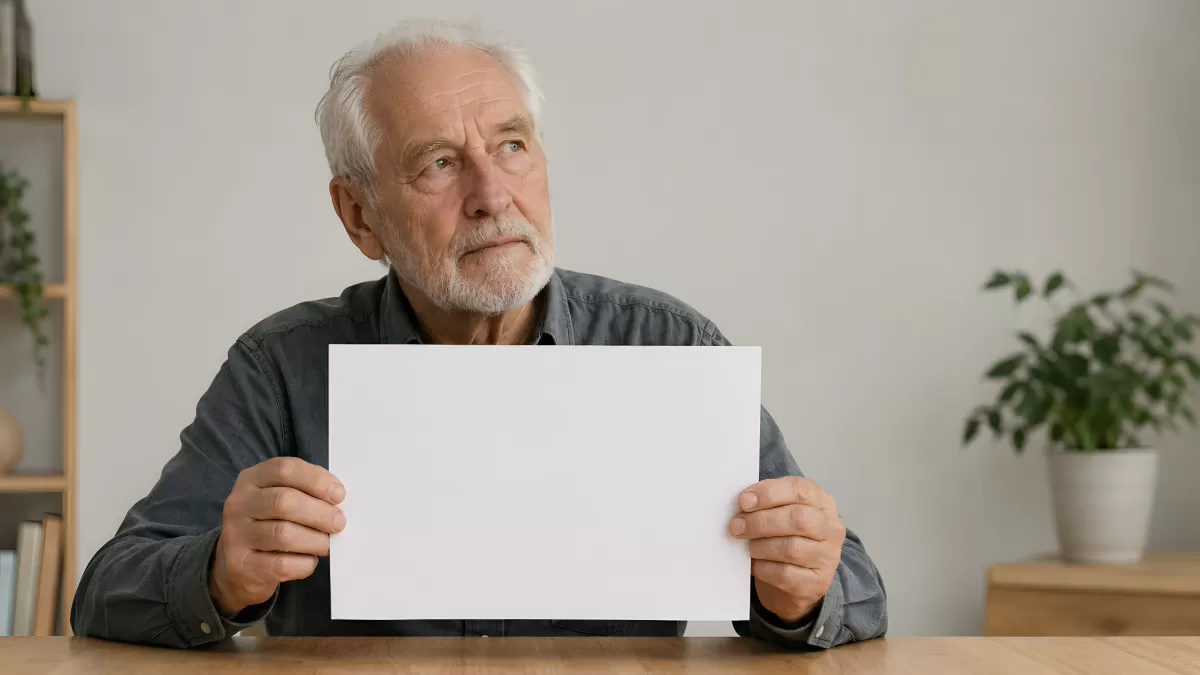 Älterer Mann hält leeres weißes Schild in die Kamera