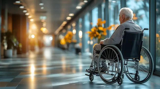 Älterer Mann im Rollstuhl in Krankenhaus-Flur