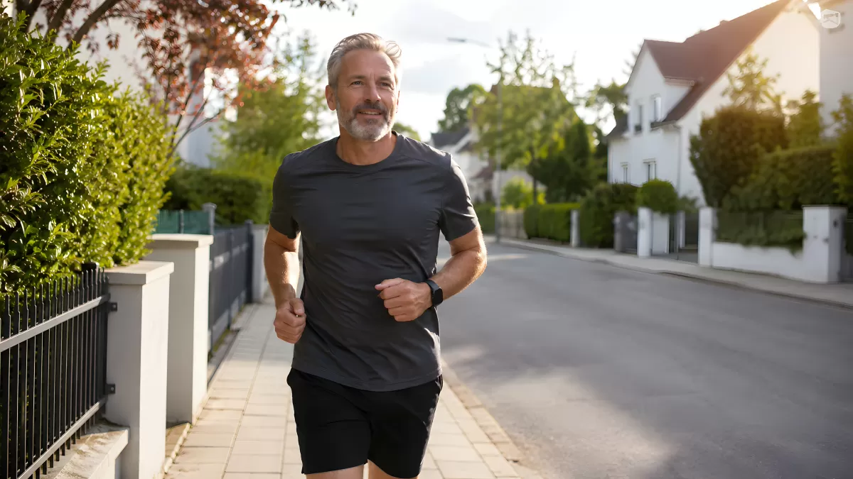Älterer Mann joggt lächelnd durch ruhige Wohnstraße