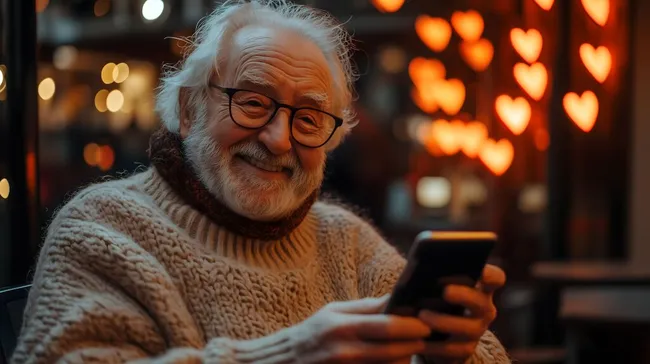 Älterer Mann lächelt beim Blick auf sein Smartphone