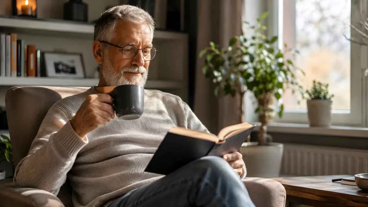 Älterer Mann liest entspannt Buch mit Kaffee