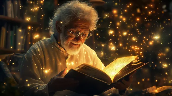 Älterer Mann mit Bart liest magisch beleuchtetes Buch