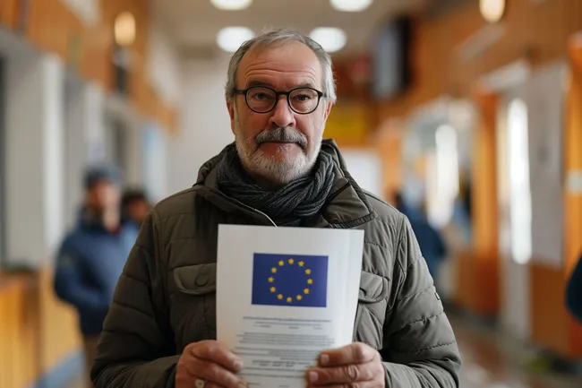 Älterer Mann mit EU-Flaggenmappe