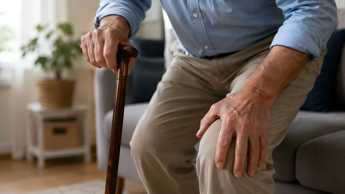 Älterer Mann mit Gehstock hält sich das Knie
