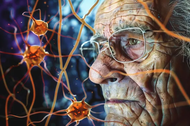 Älterer Mann mit neuronalen Verbindungen und Brille