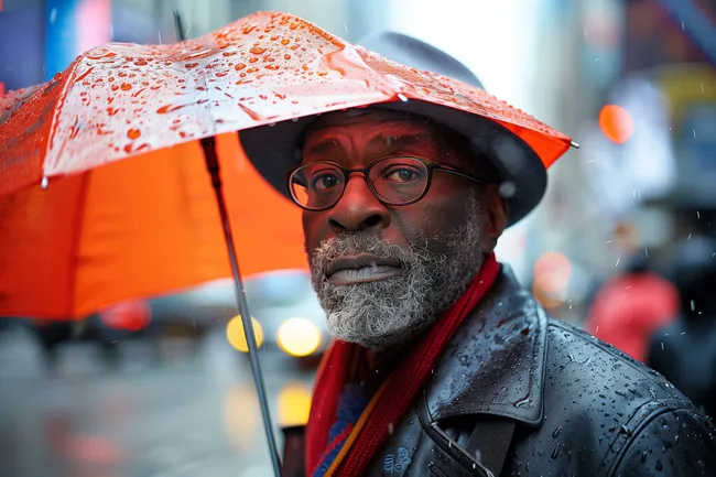 Älterer Mann mit Regenschirm im Regen