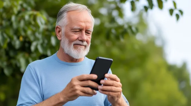 Älterer Mann nutzt Smartphone im Park an einem sonnigen Tag