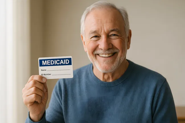 Älterer Mann präsentiert stolz seine Krankenversicherungskarte