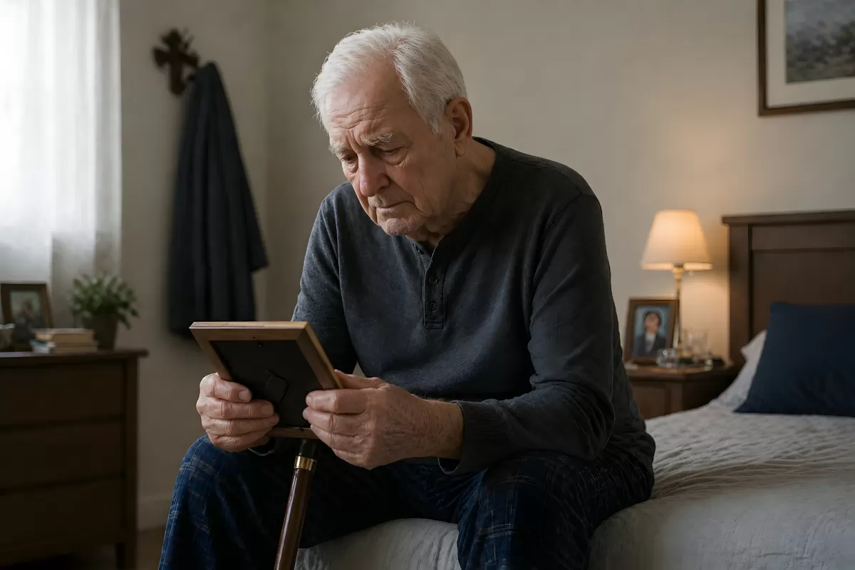 Älterer Mann sitzt nachdenklich mit Foto auf Bett