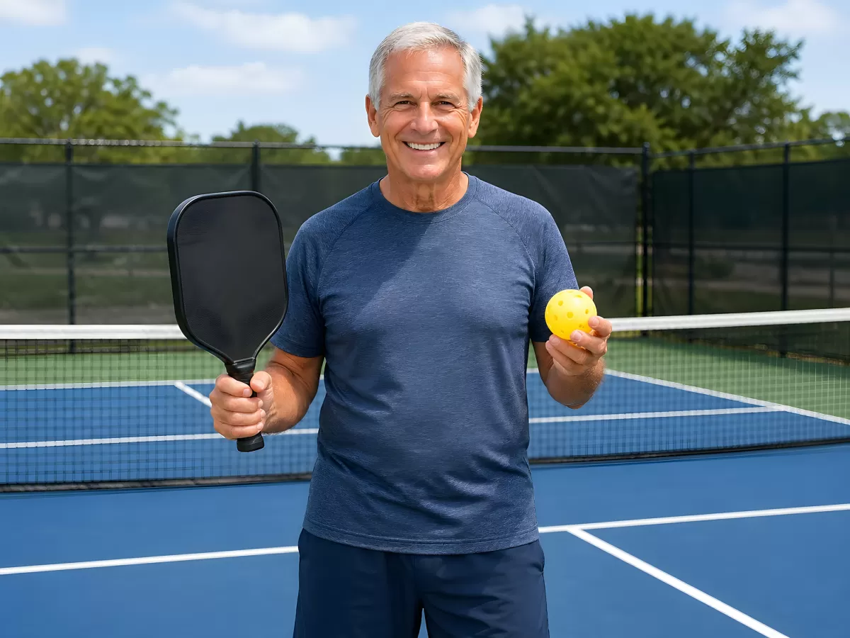 Älterer Mann spielt Pickleball auf blauem Hartplatz