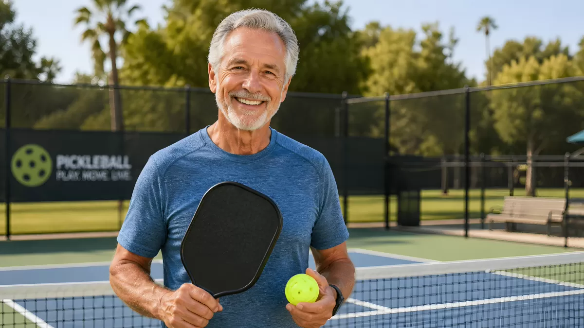 Älterer Mann spielt Pickleball auf sonnigem Außenplatz