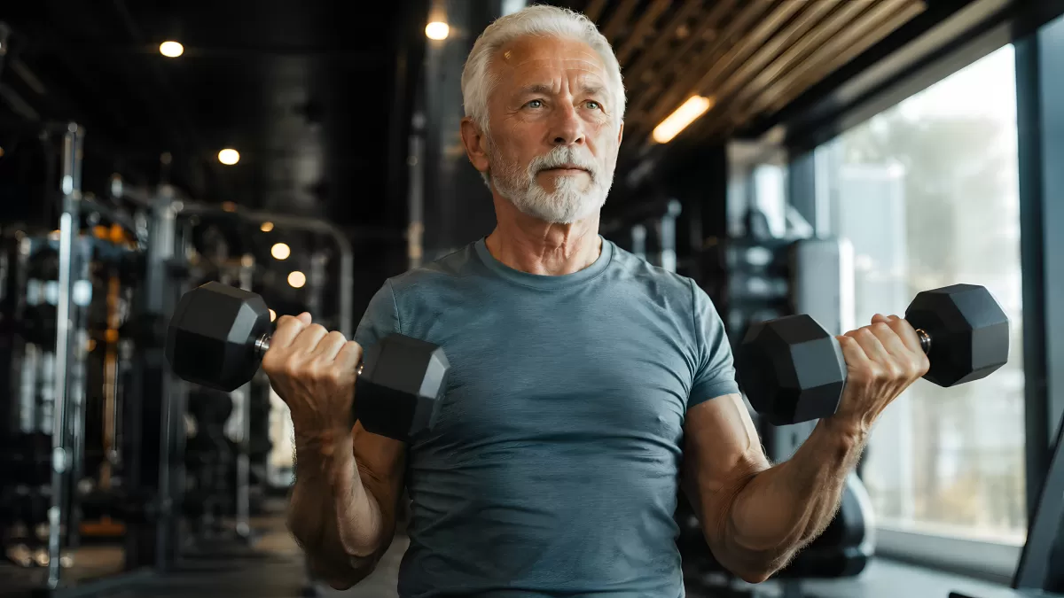 Älterer Mann trainiert mit Kurzhanteln im Fitnessstudio