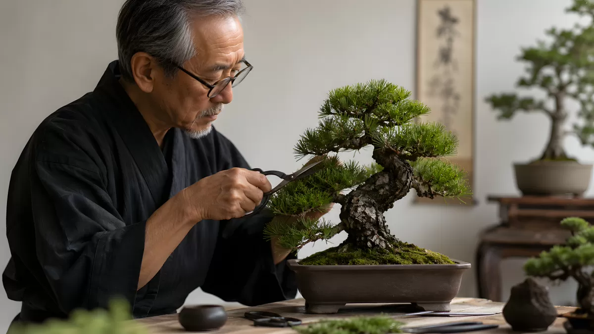 Älterer Meister trimmt Bonsai-Kiefer mit Schere