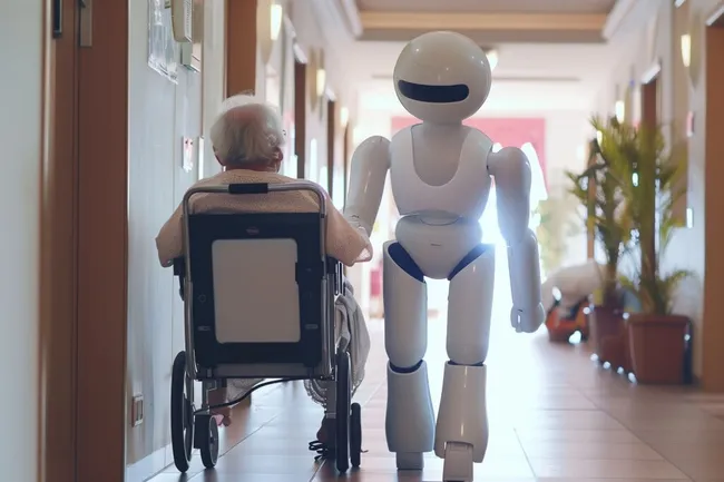 Älterer Mensch mit Rollstuhl und Roboterhelfer im Klinikflur